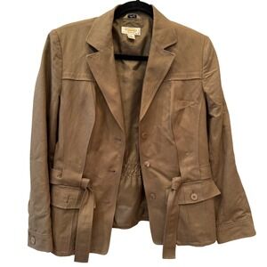 Talbots Petites Womens Brown Linen Blend Blazer Jacket Size 12 Pockets Belted